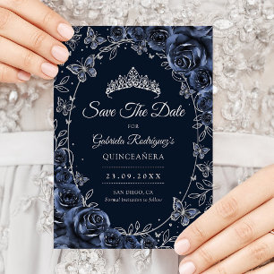Reserva La Fecha Quinceañera Mariposas Plateadas Navy Rosas