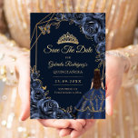 Reserva La Fecha Quinceanera Navy Blue Gold Butterfly Dress Floral<br><div class="desc">Navy blue and gold Quinceanera celebration save the date card. Features gold butterflies,  watercolor roses,  tiara and script font. Perfect for an elegant princess style glam celebration. Personalize with your own details. Printed Zazzle cards or instant download digital printable template.</div>