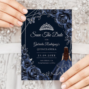 Reserva La Fecha Quinceañera Navy Flores Mariposas Plata Rosas