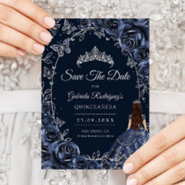 Reserva La Fecha Quinceañera Navy Mariposas de Plata Rosas