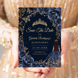 Reserva La Fecha Quinceañera Navy Oro Mariposas Rosas