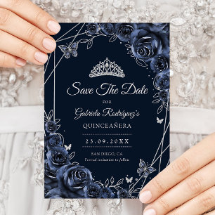 Reserva La Fecha Quinceañera Navy Plata Floral