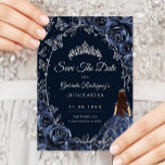 Reserva La Fecha Quinceanera Navy Silver Butterflies Roses<br><div class="desc">Navy and silver Quinceanera celebration save the date card. Features brunette girl in ball gown dress,  silver butterflies,  watercolor roses tiara and script font. Perfect for an elegant princess style glam celebration. Personalize with your own details. Printed Zazzle cards or instant download digital printable template.</div>