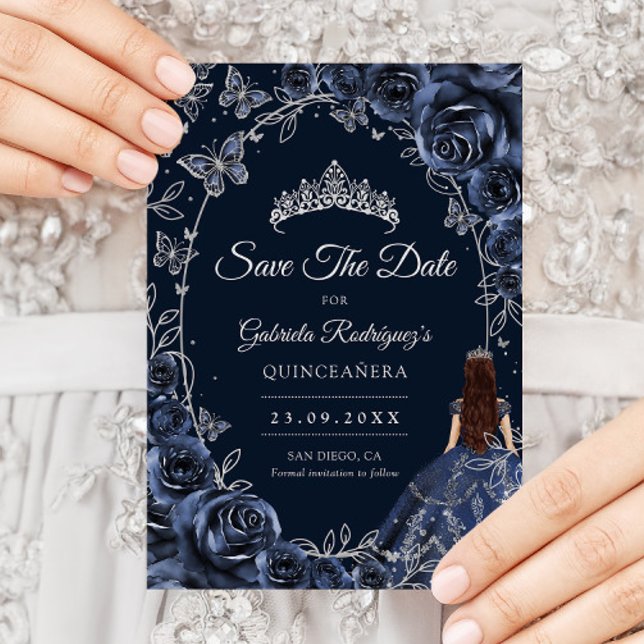 Reserva La Fecha Quinceanera Navy Silver Butterflies Roses (Subido por el creador)