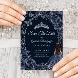 Reserva La Fecha Quinceanera Navy Silver Butterflies Roses<br><div class="desc">Navy and silver Quinceanera celebration save the date card. Features brunette girl in ball gown dress,  silver butterflies,  watercolor roses tiara and script font. Perfect for an elegant princess style glam celebration. Personalize with your own details. Printed Zazzle cards or instant download digital printable template.</div>