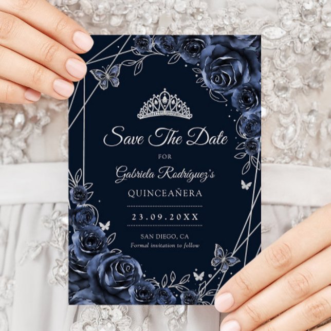 Reserva La Fecha Quinceanera Navy Silver Floral (Subido por el creador)
