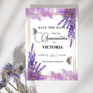 Reserva La Fecha Quinceañera oro Espliego púrpura Mariposa Floral