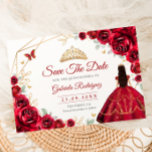 Reserva La Fecha Quinceanera Princess Red Roses Gold<br><div class="desc">Red,  gold and white princess style Quinceanera celebration save the date. Features,  brunette girl in ball gown dress script font,  gold butterflies,  watercolor roses and tiara. Perfect for an elegant princess style glam celebration. Personalize with your own details. Printed Zazzle cards or instant download digital printable template.</div>