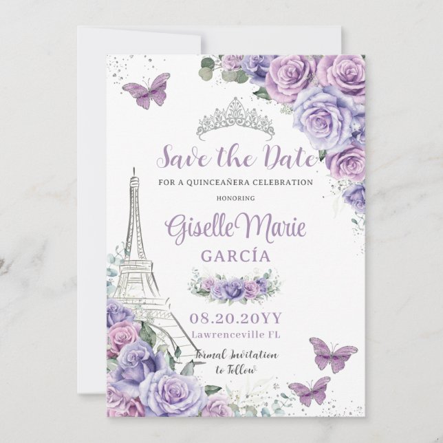 Reserva La Fecha Quinceañera Purple Floral Paris Eiffel Butterflies (Anverso)