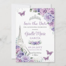 Quinceañera Purple Floral Paris Eiffel Butterflies