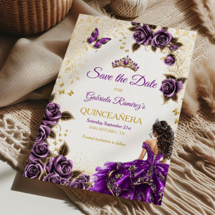 Reserva La Fecha Quinceañera púrpura Tiara dorada Rosas Mariposa