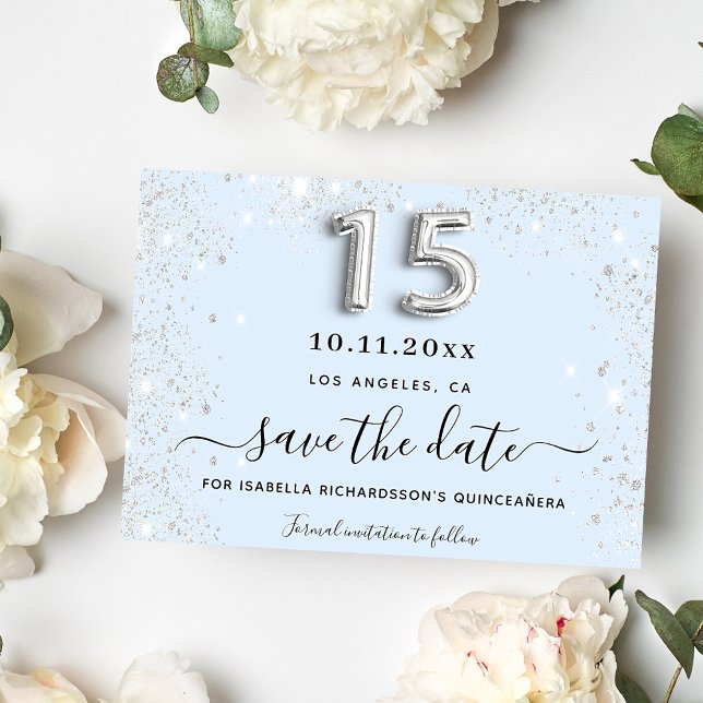 Reserva La Fecha Quinceanera purpurina de plata azul bebé fiesta (Subido por el creador)