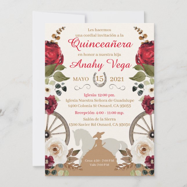 Reserva La Fecha Quinceanera Red Charra, Watercol (Anverso)