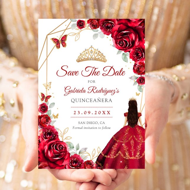 Reserva La Fecha Quinceanera Red Roses Dress Gold (Subido por el creador)