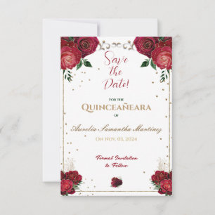 Reserva La Fecha Quinceañera roja, blanca y dorada salva la fecha