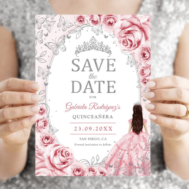 Reserva La Fecha Quinceañera Rosa Floral Plateada (Subido por el creador)