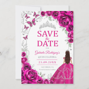 Reserva La Fecha Quinceañera Rosa Fuchsia Floral Plateada