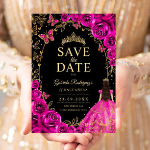 Reserva La Fecha Quinceañera Rosa Fucsia Negro Dorado