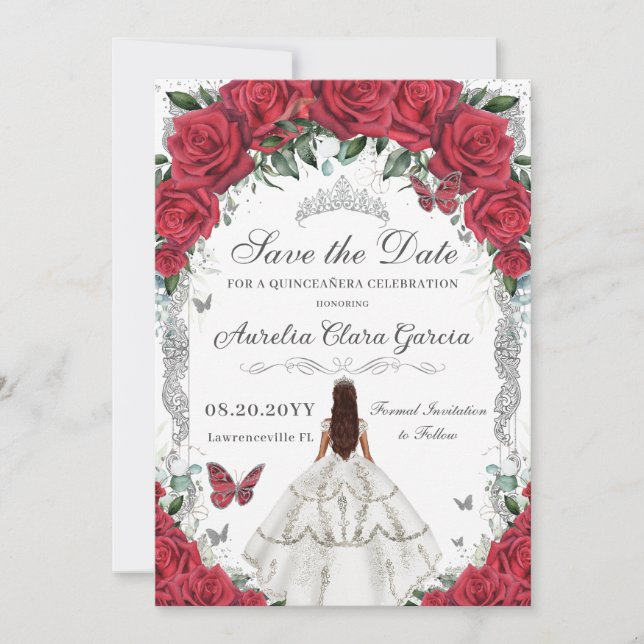 Reserva La Fecha Quinceañera Roses Roses Roses Floral Blanco Vestid (Anverso)