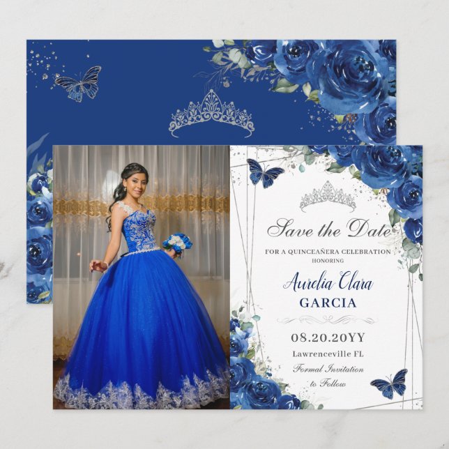 Reserva La Fecha Quinceañera Royal Blue Floral Butterflies Cumpleañ (Anverso / Reverso)