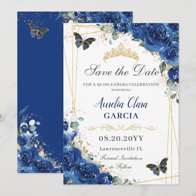 Reserva La Fecha Quinceañera Royal Blue Floral Butterflies Cumpleañ (Anverso / Reverso)