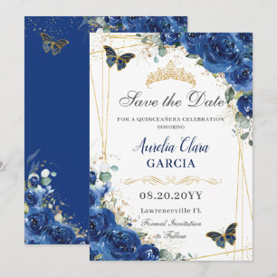 Reserva La Fecha Quinceañera Royal Blue Floral Butterflies Cumpleañ