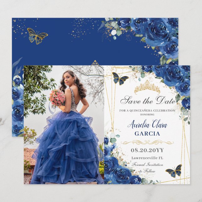 Reserva La Fecha Quinceañera Royal Blue Floral Butterflies Cumpleañ (Anverso / Reverso)