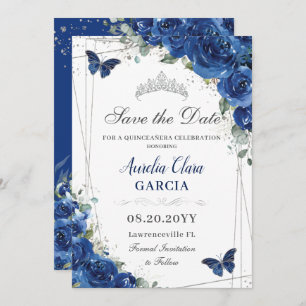 Reserva La Fecha Quinceañera Royal Blue Floral Butterflies Cumpleañ