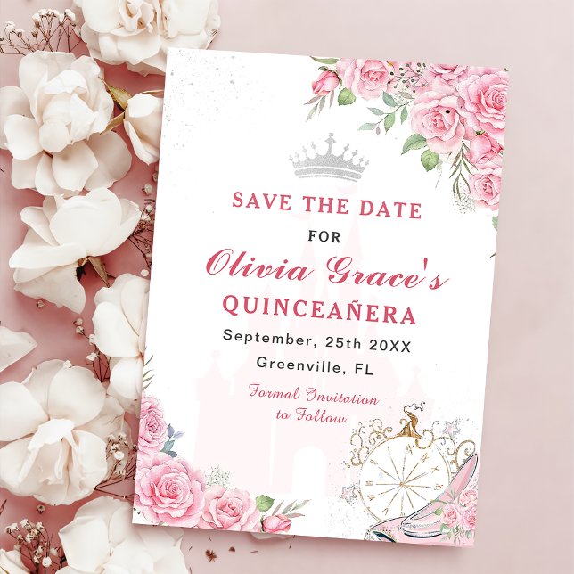 Reserva La Fecha Quinceanera Rubor Crown de plata rosada floral (Subido por el creador)