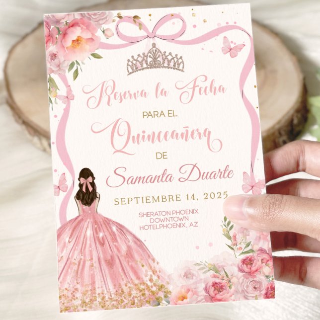 Reserva La Fecha Quinceañera Rubor Pink Gold (Blush pink quinceañera Save the Date card with elegant gold accents for sweet 15 celebration.)