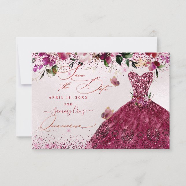 Reserva La Fecha Quinceanera salva la cita vestido rojo cereza (Anverso)