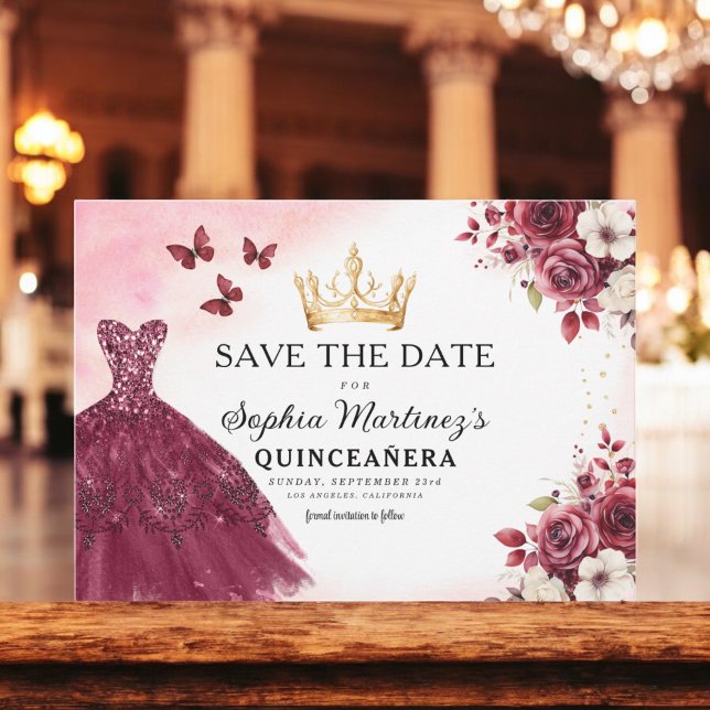 Reserva La Fecha Quinceanera salva la fecha floral borgoña (Subido por el creador)