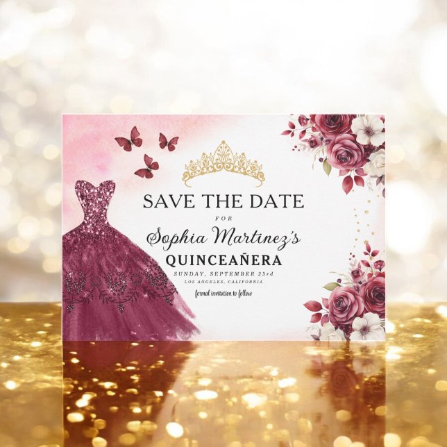 Reserva La Fecha Quinceanera salva la fecha floral borgoña (Subido por el creador)