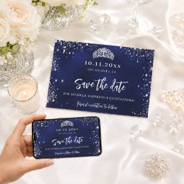 Reserva La Fecha Quinceañera tiara plateada azul marino glamurosa