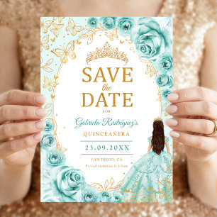 Reserva La Fecha Quinceañera Turquesa Dorado Floral