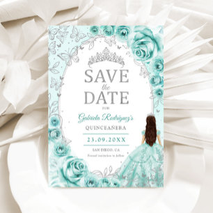 Reserva La Fecha Quinceañera Turquesa Floral de Plata