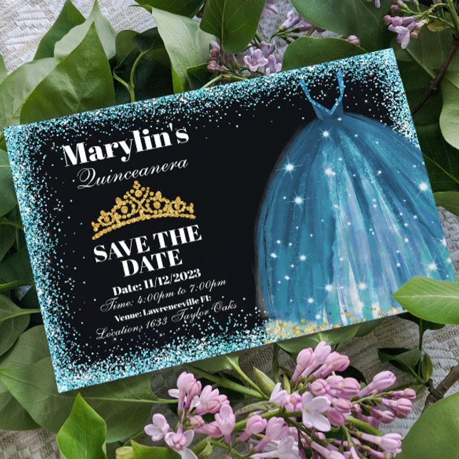 Reserva La Fecha Quinceañera Turquoise Purpurina Ballgown Cumpleaño (Subido por el creador)