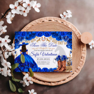 Reserva La Fecha Quinceañera Vaquera Azul Real y Dorado