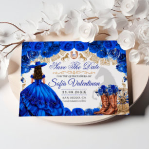 Reserva La Fecha Quinceañera Vaquera Azul Real y Dorado