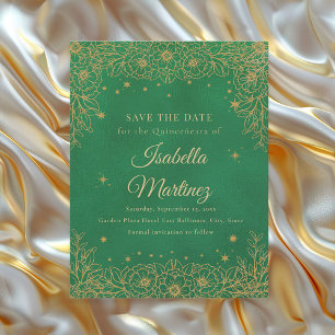 Reserva La Fecha Quinceañera Verde Esmeralda con Estrellas Florales