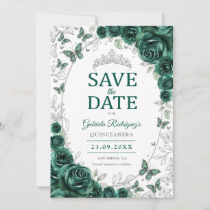 Reserva La Fecha Quinceañera Verde Esmeralda Floral de Plata