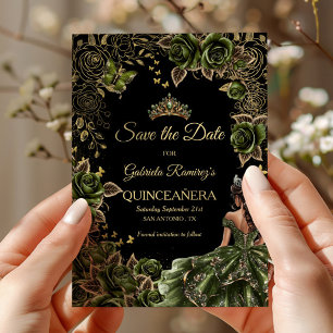 Reserva La Fecha Quinceañera Verde Esmeralda Tiara Dorada Mariposa