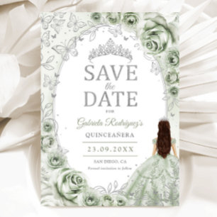 Reserva La Fecha Quinceañera Verde Menta Floral Plateado
