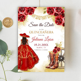 Reserva La Fecha Quinceañera Western Red Gold Charra Floral Boots
