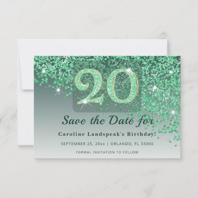 Reserva La Fecha Radiant Cumpleaños número 20 Esmeralda Verde Escar (Anverso)