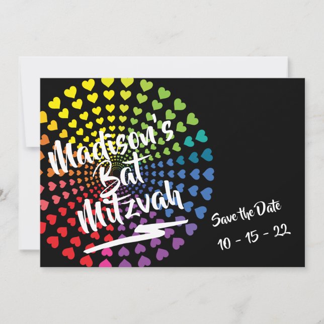 Reserva La Fecha RAINBOW HEARTS Bat Mitzvah Salva la fecha (Anverso)