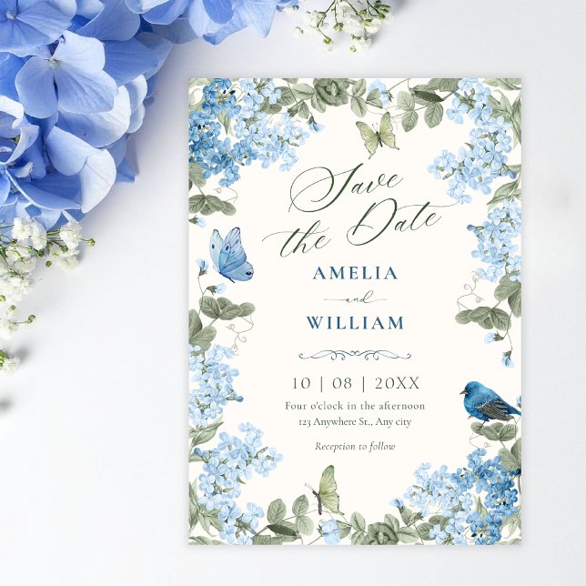 Reserva La Fecha Rama floral azul mariposas pájaro (Subido por el creador)