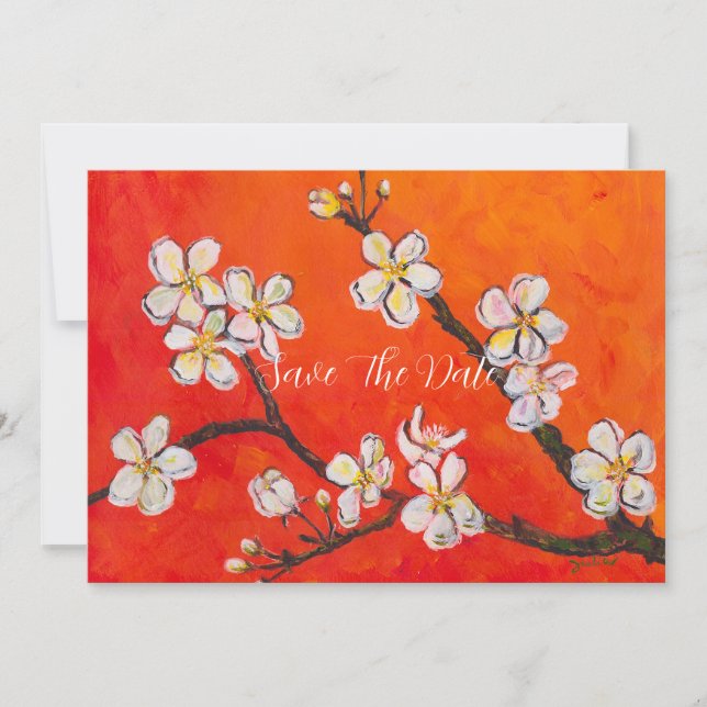 Reserva La Fecha Rama florecida blanca en saludo de primavera (Anverso)