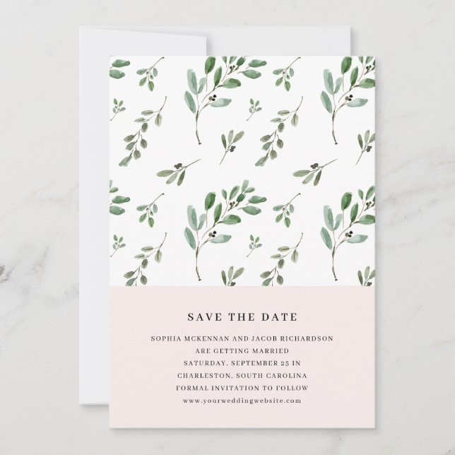 Reserva La Fecha Ramas de olivo pintadas | Simple boda de rosa páli (Anverso)