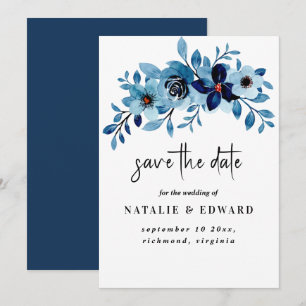 Reserva La Fecha Ramo De Flores De Acuarela Azul Polvoriento Elegan